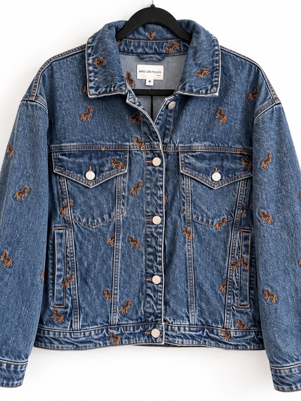 NWT Avec Les Filles Horse Embroidered Denim Trucker Jacket M Western